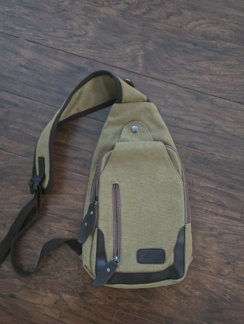 Olive Green Canvas Belt Sling Bag with Brown Trim
